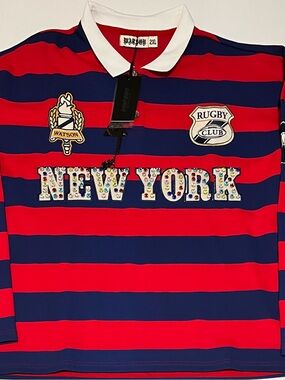 Watson New York, Rugby long sleeve Red, Navy Blue Polo with Colorful Rhinestones